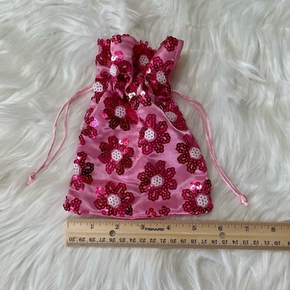 Pouch Pink Satin Sequin Drawstring Floral - Picture 6 of 9